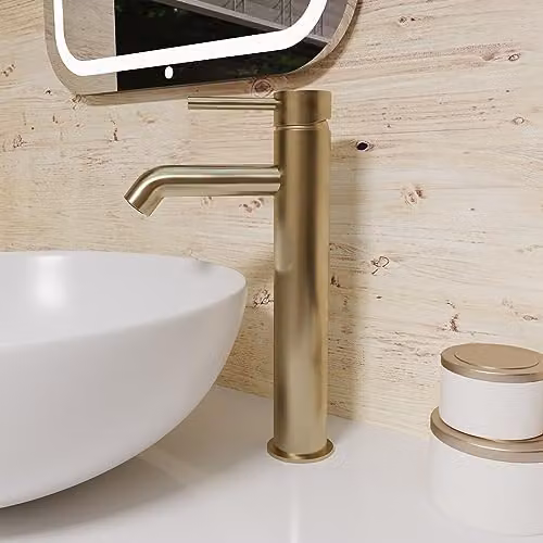 Nes Home Modern Countertop Tall Round Single Lever Basin Mono Mixer Tap in Brushed Brass