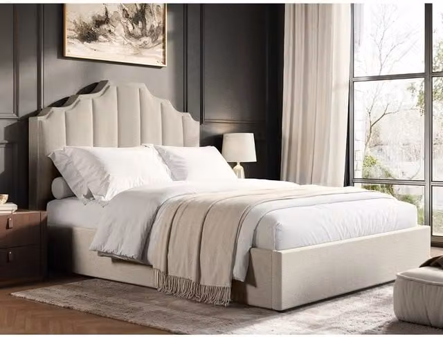 Flair Beige Fabric Upholstered Ottoman Bed with Lift Up Base, W/D: 180 x 200 cm