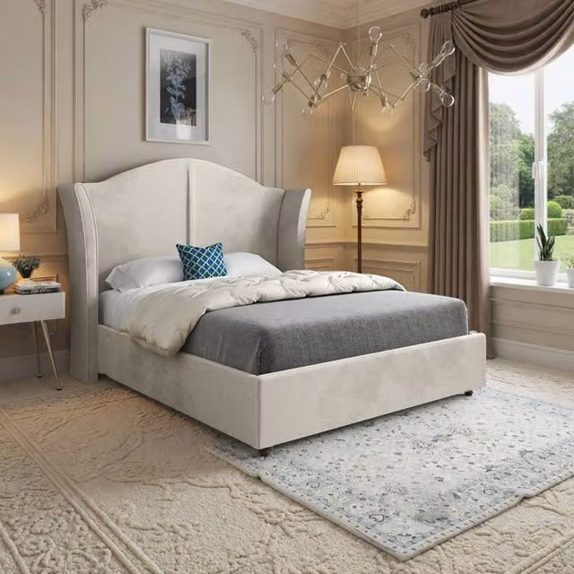 Casani Tirley Curved Winged Upholstered Designer Bed Frame in Cream Soft Velvet, W/D/H: 144 x 137 x 200 cm