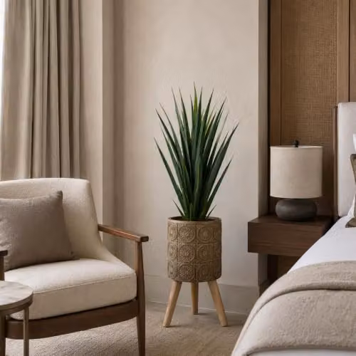 Leaf Mid-Century Floral Composite Planter with Stand in Dark Brown and Grey, W/D/H: 40 x 40 x 21.5 cm