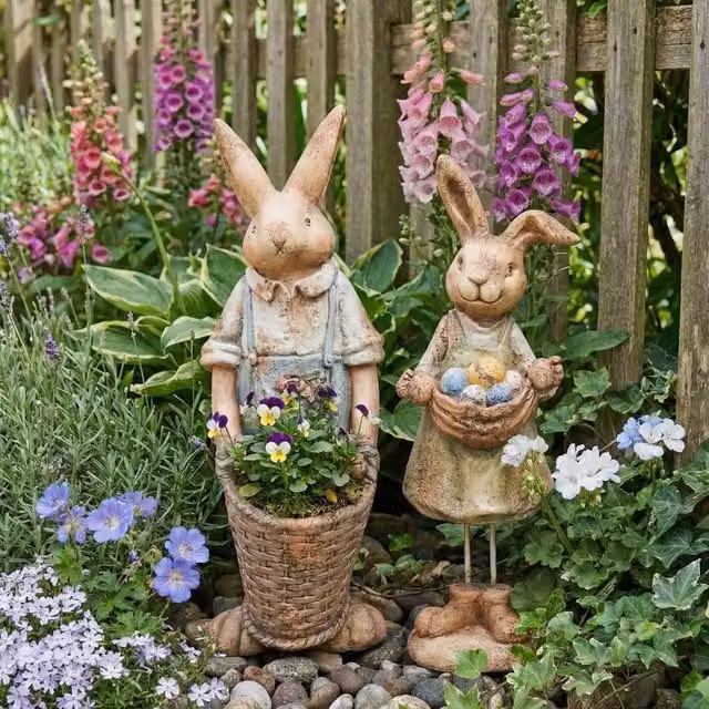 Wyld and Coco Set of 2 Multicolour Ceramic Easter Bunny Figurines for Indoor and Outdoor Use