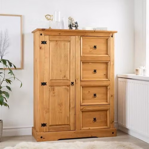Seconique Corona 1 Door 4 Drawer Low Wardrobe in Brown Waxed Pine