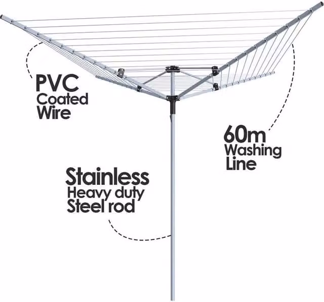 Spetlek 60m Rotary Airer Garden Clothes Line Dryer with 4 Arms in Silver, H 100 cm x W 60 cm