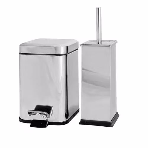 Harbour Housewares 3L Square Stainless Steel Pedal Bin and Toilet Brush Set in Silver