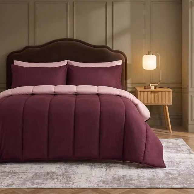 OHS Reversible 10.5 Tog Coverless Microfibre Duvet with Pillowcases, Purple, Double