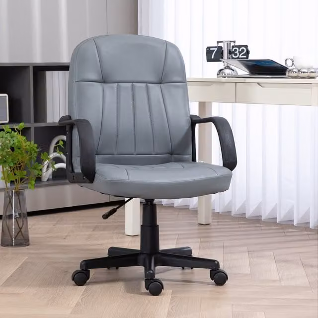 HOMCOM Grey PU Leather Executive Swivel Office Chair with Armrests and Castors