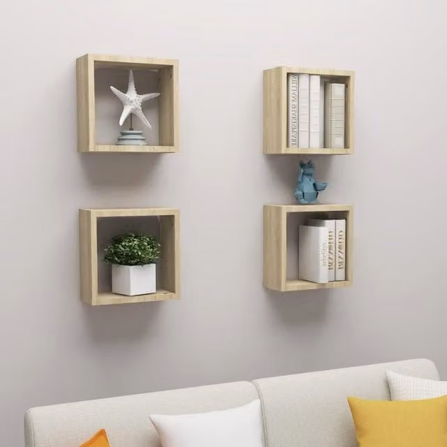 Berkfield Home Wall Cube Shelves, 4 Piece Sonoma Oak Set in Brown, W/D/H: 30 x 15 x 30 cm