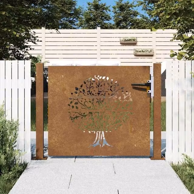 Berkfield Home Garden Gate in Brown Corten Steel with Tree Design, W: 105 cm, H: 80 cm