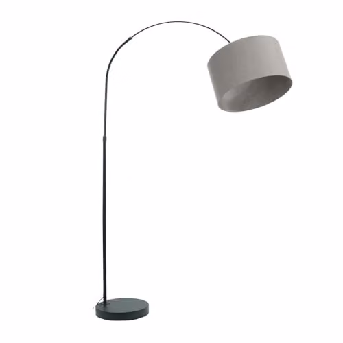 ValueLights Black Metal Arched Stem Floor Lamp with Grey Fabric Drum Shade and Included LED Bulb, H 180 cm x W 105 cm x D 45 cm