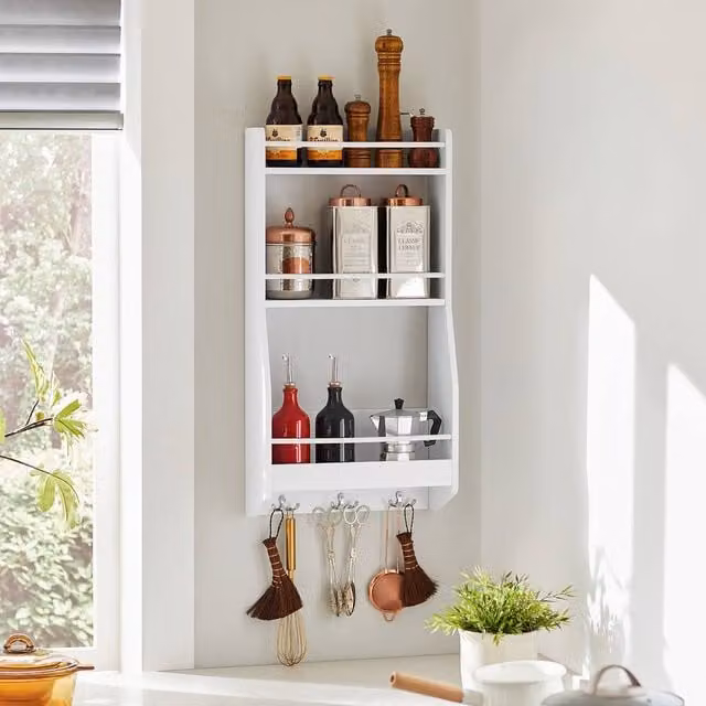 SoBuy Wall-Mounted 3-Tier Storage Rack with Hooks in White
