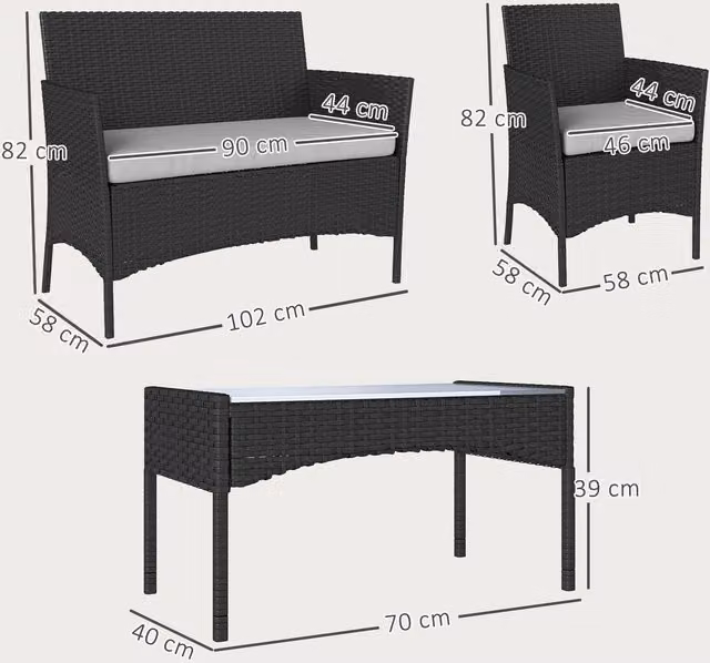 Outsunny 4 Piece Black Polyrattan Garden Furniture Set with Upholstered Cushions, 2 Seater Sofa, Armchair and Coffee Table