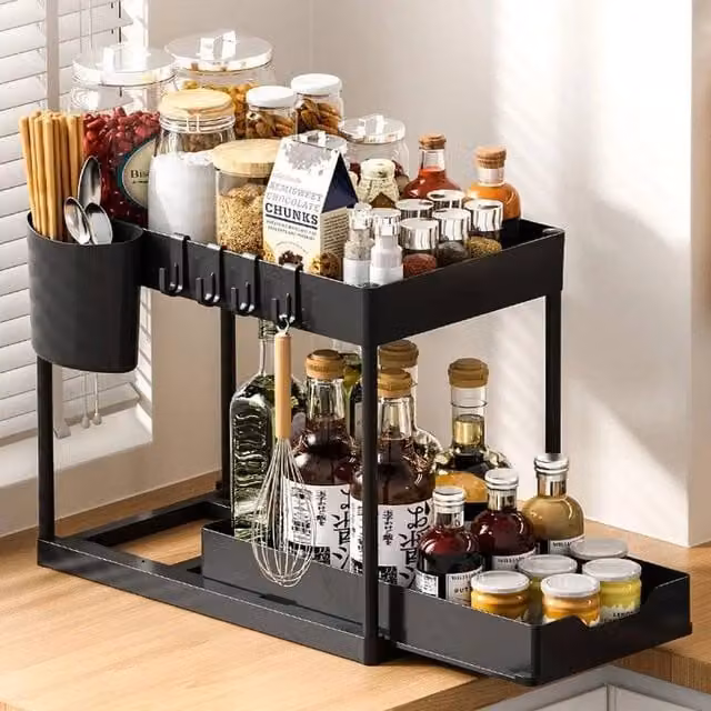 VOGREX 2-Tier Sliding Under Sink Kitchen Organiser in Black
