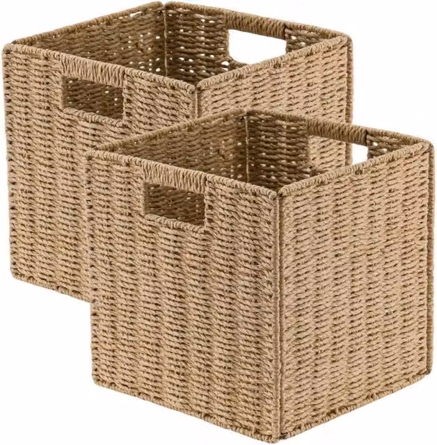 Kelvenix Set of 2 Foldable Seagrass Storage Baskets with Handles in Beige and Sand