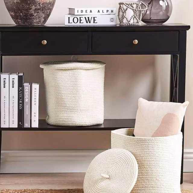 Wyld and Coco Set of 2 White Striped Cotton Storage Baskets with Lids