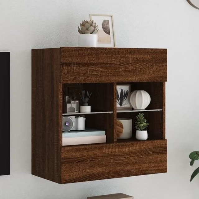 Berkfield Home Modern Wall Mounted TV Cabinet with LED Lighting and Glass Doors in Brown Oak, W/D/H: 58.5 x 30 x 60.5 cm