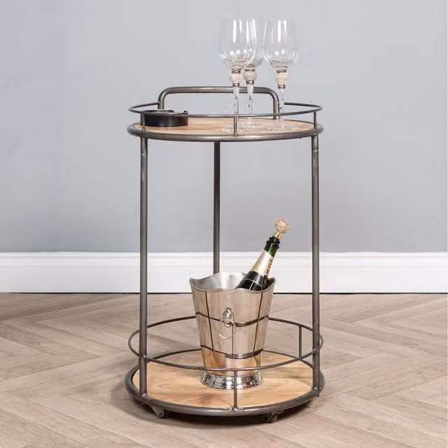 Elm Home and Garden Round Drinks Trolley in Grey with Rustic Waxed Mango Wood and Metal