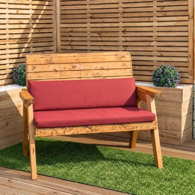 Samuel Alexander 2 Seater Wooden Garden Bench with Burgundy Cushions