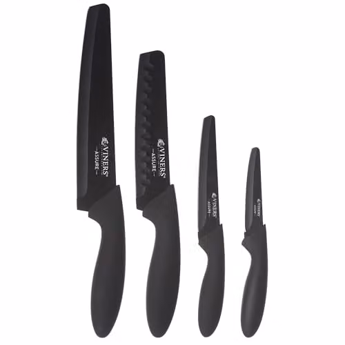 Viners Assure 4 Piece Black Knife Set with Stainless Steel Blades, including Chef, Santoku, Utility and Paring Knives