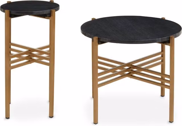 Orsina Set of 2 Round Black Marble Side Tables with Gold-Finish Tripod Iron Frames