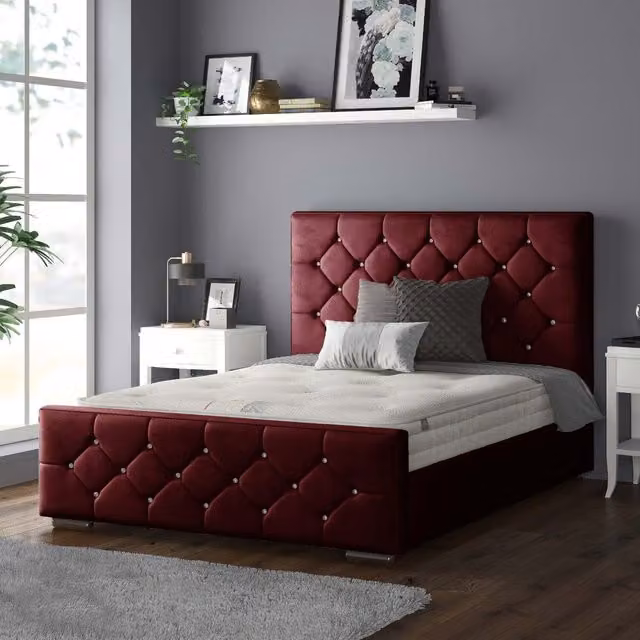 IH Design Chesterfield Upholstered Velvet Bed Frame in Red, 200 x 200 cm