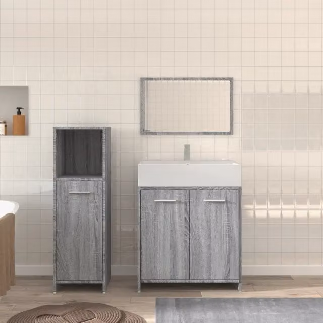Berkfield Home 3 Piece Modern Grey Matt Bathroom Furniture Set with Vanity Unit and Mirror Cabinet