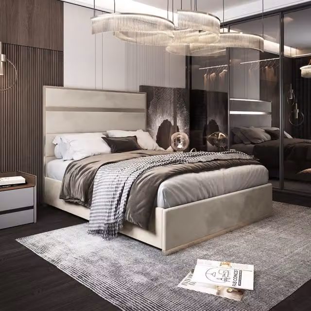 Comfyzone Modern Upholstered Metal Bed Frame in Beige Velvet, W/D/H: 120 x 200 cm