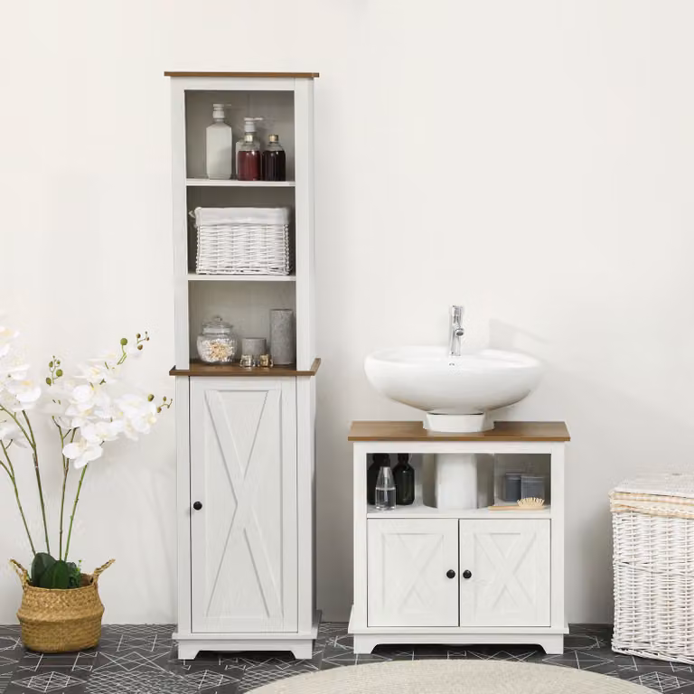 Kleankin 2 Piece Bathroom Furniture Set in Ash Wood Effect, featuring a Tall Cabinet with Adjustable Shelves and an Under Sink Vanity Unit with Cupboard and Open Shelf