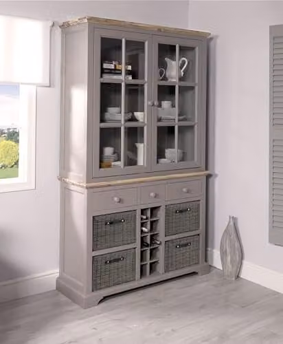 Grey Kitchen Display Cabinet with Glass Doors, Wine Rack and 3 Drawers, W: 120 cm, D: 42 cm, H: 200 cm