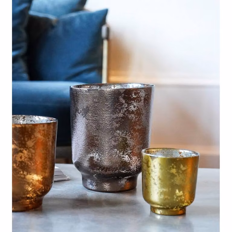 Lemon Pavilion Furniture and Decor Antique Metallic Bronze Glass Tealight Holder, W: 15.5 cm, D: 15.5 cm, H: 19 cm