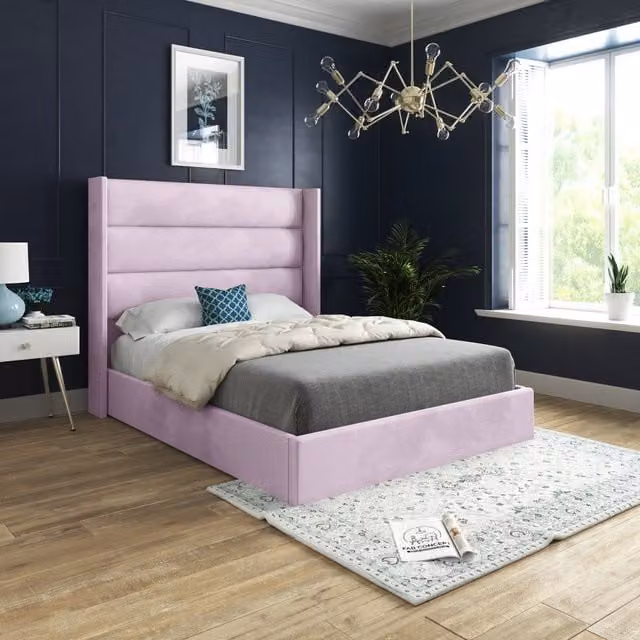 Jacob Soft Velvet Upholstered Straight Winged Bed Frame in Pink, Superking (200 x 200 cm)