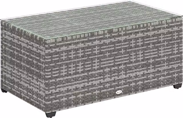 Outsunny Grey Rattan Garden Side Table with Glass Top, W: 90 cm, D: 50 cm, H: 38 cm