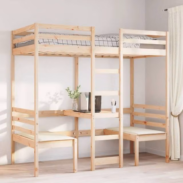 Berkfield Home Loft Bed Frame with Desk and Chairs in Light Brown Solid Pine W/D/H: 190.5 x 75 x 82.5 cm