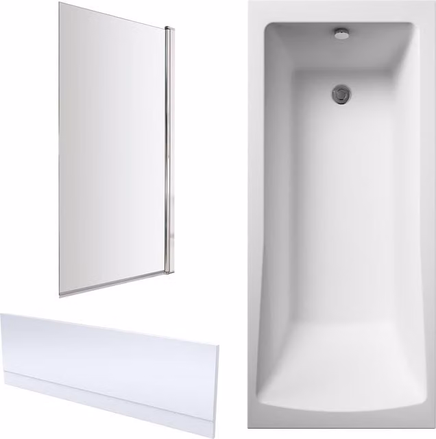 Balterley Square Single Ended Rectangular Bath in White with Panel, Chrome Square Screen and Leg Set