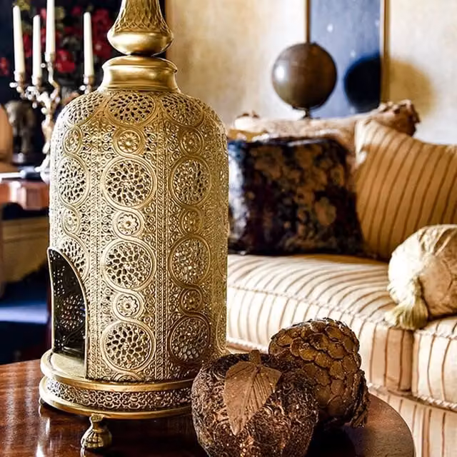 Madison & Mayfair Large Gold Metal Oriental Geometric Tabletop Pillar Lantern