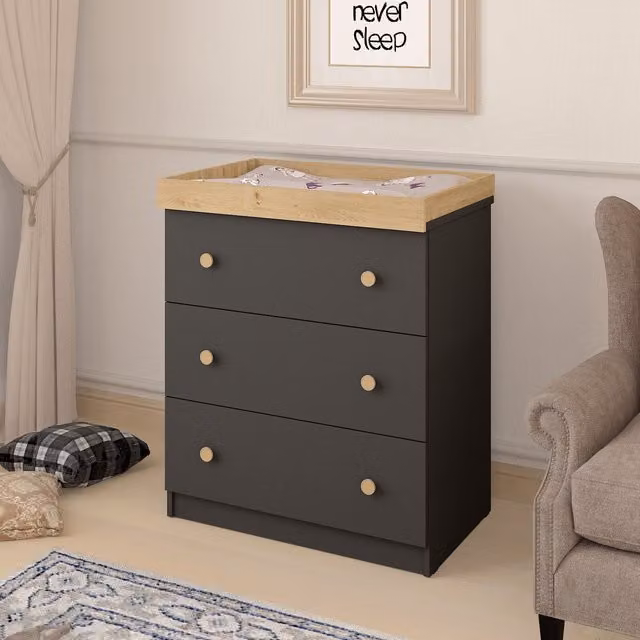 Shefa Kids Convertible Baby Changing Dresser with 3 Drawers and Changing Mat, Oak
