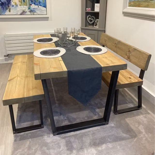 TRL Handmade Furniture Grey Wash and Brown Chunky Handmade Pine Dining Table and Bench Set with X-Frame Industrial Design, W/D/H: 200 x 120 x 75 cm