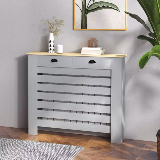 HOMCOM Radiator Cover with Drawer and Horizontal Slatted Grill, Grey, Width: 111 cm