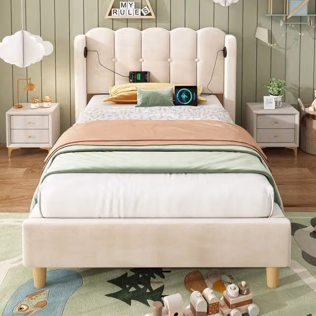 Merax Single Upholstered Velvet Bed Frame with Wingback and USB Charging Station, Beige, W/D/H: 90 x 190 cm