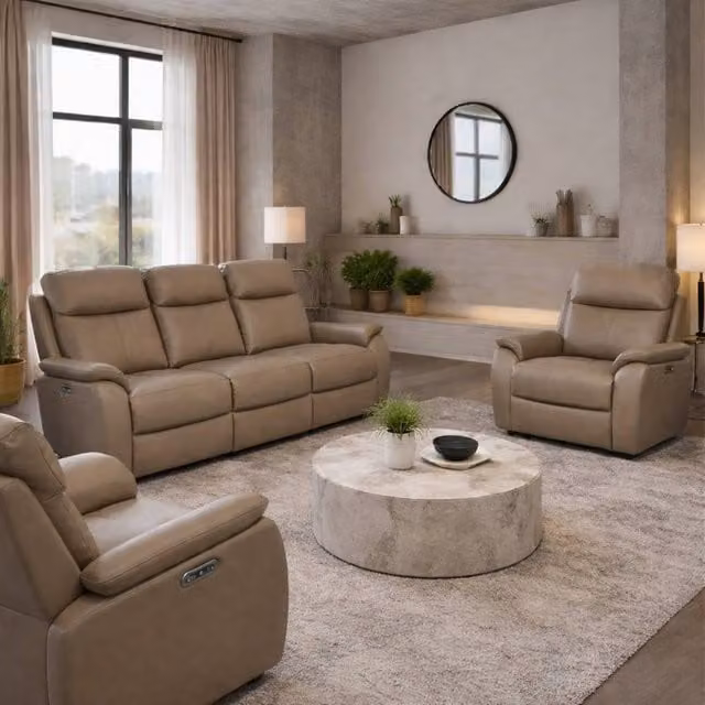 Aspire Kingsmere 5-Piece Power Recliner Sofa Set in Taupe Beige with USB Charging and Synthetic Leather Upholstery