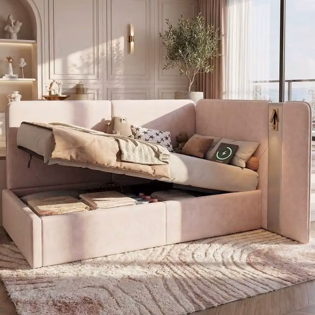 ModernLuxe L-shaped upholstered velvet daybed in pink with hydraulic storage and integrated reading light, W/D/H: 90 x 190 cm