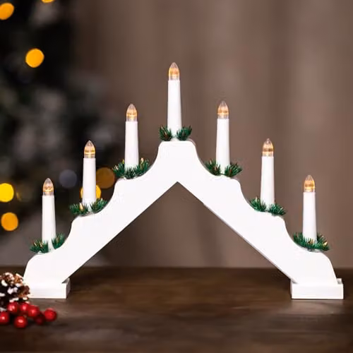 Marco Paul Interiors White Wooden Christmas Candle Bridge with 7 Warm White Battery Powered Taper Lights and Flicker Effect
