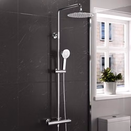 Nes Home Exposed Thermostatic Mixer Shower Set with Overhead Shower and Handheld Shower in Matte Black and Chrome
