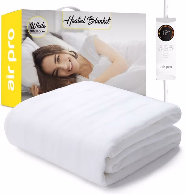 Air Pro Fleece Electric Blanket Fully Fitted Mattress Cover with Detachable Controller and Overheating Protection, White, W/D/H: 90 x 200 cm