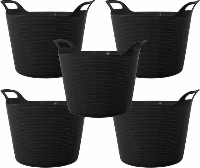 Simpa Set of 5 Durable Plastic Multipurpose Flexi Tubs, 42L, Black