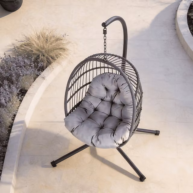 Home Source Breeze Hanging Rattan Egg Chair in Dark Grey with Metal Stand