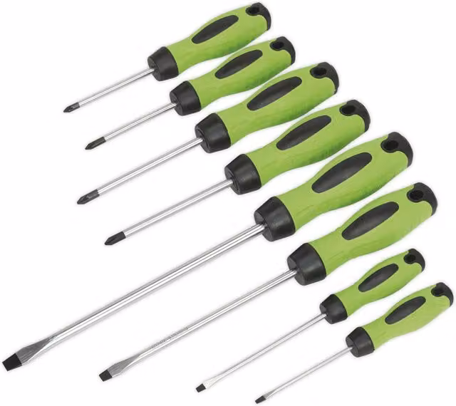 Loops 8 Pack Hi-Vis Green Screwdriver Set with Slotted, Phillips and POZI Premium Stainless Steel Drivers