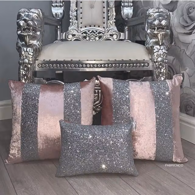 Fabricnco Pink and Silver Crushed Velvet Glitter Cushion Cover Set