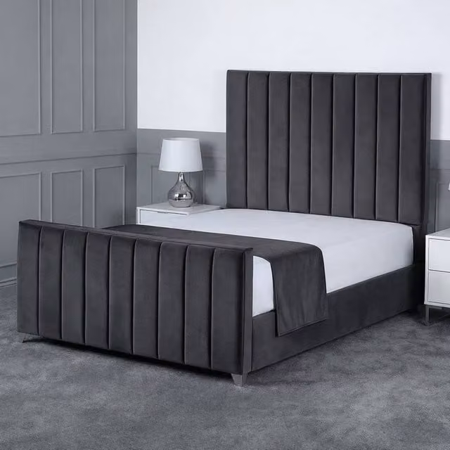 Living Comfort Bedz Empress Plush Velvet Upholstered Bed with Slatted Base and 48 Inch Headboard in Charcoal Super King
