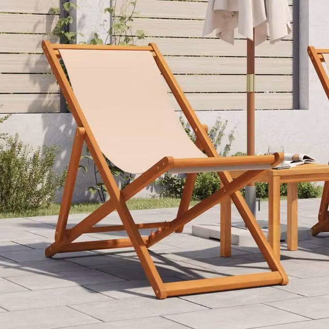 Berkfield Home Folding Beach Chair in Beige and Brown with Solid Wood Frame and Fabric