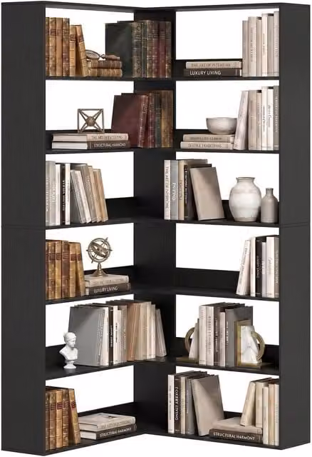 HOMCOM 7-Tier L-Shaped Corner Bookshelf in Black Wood Effect, W/D/H: 90 x 90 x 180 cm